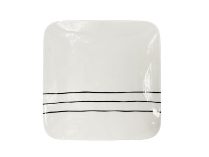 Mělký porcelánový talíř Carré Grafico, hranatý, bílý s černým dekorem.