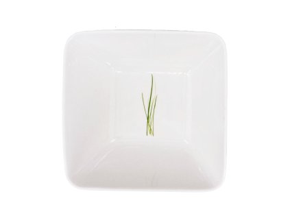 Porcelánová miska, hhrabatá, bílá se zeleným dekorem trávy.