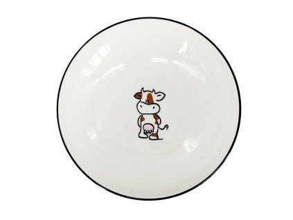 Miska/hluboký talíř KRAVIČKA - materiál: porcelán, průměr: 19,5 cm, výška: 4 cm, bílá s černou linkou, motiv kravička,