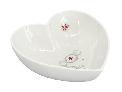 Miska Srdce Koleda – porcelán, velikost 12,5 x 13 cm, vysoká 5 cm, barva bílá/červená/šedá, tvar srdce.