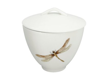 Porcelánová cukřenka Vážka 150 ml, zelená/hnědá – Jemná porcelánová cukřenka s hladkým povrchem, zdobená malým potiskem vážky a zelených detailů.