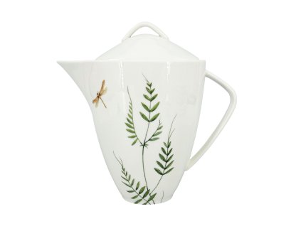 Porcelánová konvice Vážka 1600 ml, zelená/hnědá – Velká porcelánová konvice s výrazným motivem zelených listů a vážky, elegantní tvar s praktickým víčkem.