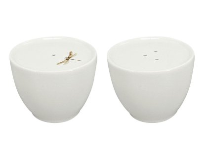 Porcelánová souprava sůl/pepř Vážka, zelená/hnědá – Stylový set solničky a pepřenky v jednoduchém designu s motivem vážky na jednom kuse.