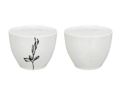 Porcelánová solnička a pepřenka Croft Wild v minimalistickém designu. Bílý podklad s jemným černým dekorem luční květiny, elegantní a nadčasový styl.