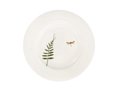 Porcelánový dezertní talíř Croft Vážka 20,5 cm, zelená/hnědá – Menší porcelánový talíř s detailním motivem vážky a rostlin, ideální pro servírování dezertů a drobných pokrmů.