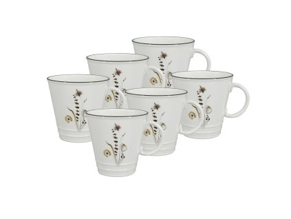 Porcelánový hrnek Nostalgie Meadow 350 ml – sada 6 ks, jemný květinový dekor, šedý lem, vintage styl inspirovaný smaltovaným nádobím.