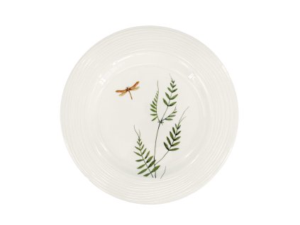 Porcelánový mělký talíř Croft Vážka 27,5 cm, zelená/hnědá – Bílý porcelánový talíř s jemným dekorem vážky a zelených listů, embosované okraje pro elegantní vzhled.