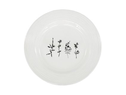 Mělký porcelánový talíř Croft Wild 27,5 cm s černým dekorem lučních květin a embosovaným okrajem.
