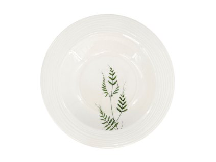 Porcelánový polévkový talíř Croft Vážka 23 cm, zelená – Stylový hlubší talíř s embosovaným okrajem a jemným přírodním vzorem listů a vážky na bílém porcelánu.