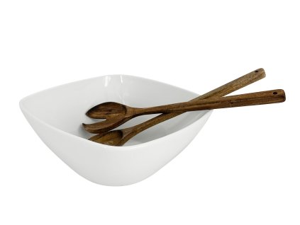Bílá keramická servírovací mísa se dřevěným salátovým náčiním, hranatý tvar, minimalistický design