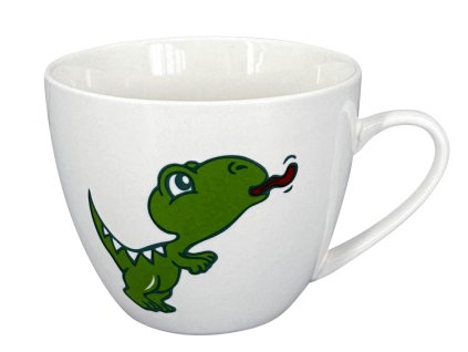 Dětský šálek Dino - objem 220 ml, materiál porcelán, barva bílá, zelený dekor dinosaura.