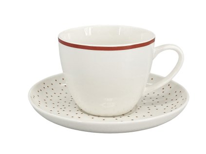 Šálek s podšálkem Fine Dots, objem 220ml, materiál porcelán, barva bílá s červenými puntíky.
