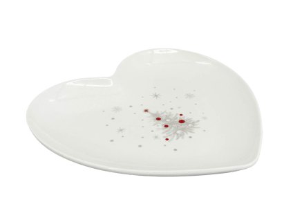 Talíř Srdce Koleda – porcelán, velikost 20 x 20 cm, výška 2,5 cm, barva bílá/červená/šedá, tvar srdce.