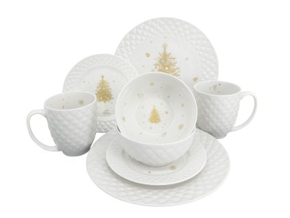 Vánoční jídelní sada Embos Zlatá Koleda – porcelán, bílá se zlatým dekorem a embosovaným vzorem, sada 8 ks (2ks mělký talíř, 2ks dezertní talíř, 2 ks polévková miska, 2 ks hrnek), vhodná do myčky i mikrovlnné trouby.