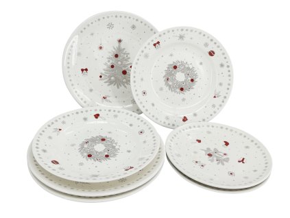 Vánoční jídelní sada talířů, 6 ks, bílá s vánočním dekorem, materiál porcelán, složení - 6 ks mělký talíř, 6 ks dezertní talíř, 6 ks polévkový talíř,
