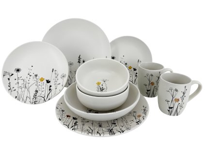 10dílná keramická jídelní souprava Cream Garden Color – sada smetanových talířů, misek a hrnků s jemným květinovým dekorem a barevnými akcenty. Elegantní design pro moderní stolování.