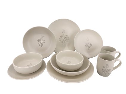 10dílná keramická jídelní souprava Cream Charm (talíře, misky, hrnky) v elegantním smetanovém/taupe odstínu s jemným květinovým dekorem.