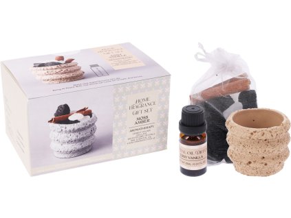 Dárková sada aroma dekorace s cementovou miskou, kameny, skořicí a vonným olejem Cosy Vanilla