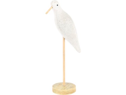 Bílý dekorační ptáček Arlo na štíhlé noze s kulatým přírodním podstavcem, výška 28 cm.