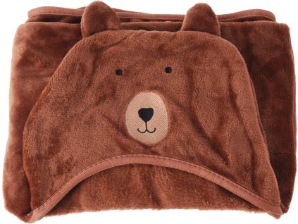 Hnědá dětská deka z fleecu s kapucí, motiv medvěd, měkký materiál, rozměr 70 × 100 cm.