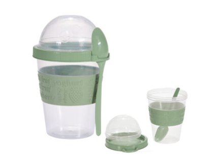 11681 2 cestovni kelimek na jogurt jogo se dvema oddelenymi komorami a lzickou v zarive zelene barve