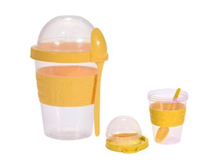 11684 2 cestovni kelimek na jogurt jogo s oddelenymi komorami a lzickou ve svetle zlute barve