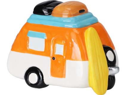 Keramická pokladnička TravelFun ve tvaru retro karavanu – detailně zpracovaný model v bílé barvě s pastelovými akcenty, inspirovaný cestováním.