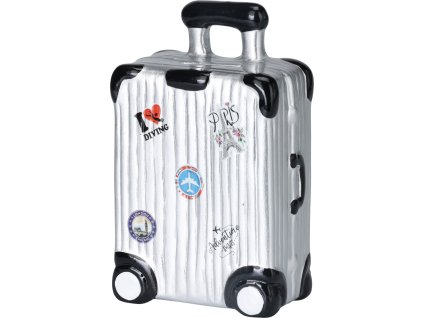 Pokladnička TravelFun ve tvaru cestovního kufru – bílý keramický design s jemnými detaily madla a koleček, ideální jako stylový doplněk.