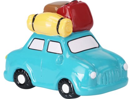 Keramická pokladnička TravelFun ve tvaru retro auta s kufry – rozměry 15×10,5×9 cm, bílý podklad s barevnými detaily.