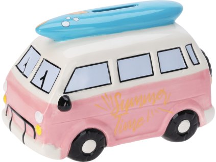 Keramická pokladnička ve tvaru růžového minivanu – rozměry 15×11×9,5 cm, veselý retro styl a funkční provedení.