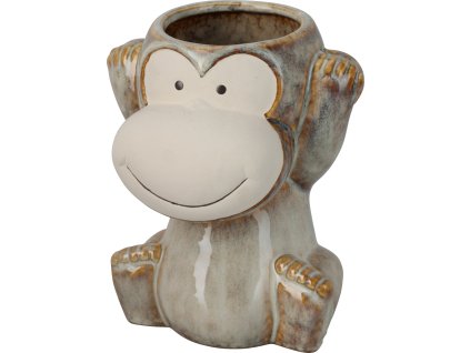Porcelánová nádoba s motivem opice zakrývající uši – symbol Neslyším zlo, výška 16 cm, strukturovaný povrch a reaktivní glazura.