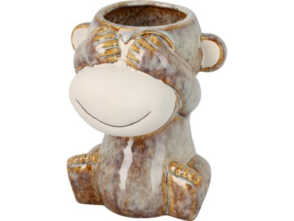 Detail porcelánové nádoby s opicí zakrývající oči – motiv Nevidím zlo, reaktivní glazura, univerzální využití.
