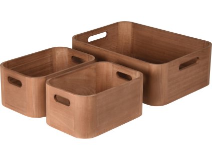 Sada úložných krabic WoodyBox – tmavý ořech, 3 ks, dvě velikosti. Elegantní sada dřevěných krabic s obdélníkovým tvarem a dvěma otvory jako úchyty.