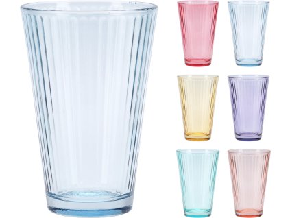 Barevný set 6 sklenic Prisma – modrá, fialová, tyrkysová, žlutá, červená a růžová – s jemným pruhovaným designem a kónickým tvarem.