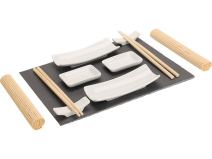 Kompletní 11dílný sushi set ZenStyle s kombinací porcelánu, bambusu a břidlice, úhledně rozložený v dárkovém balení, připravený k servírování pro dvě osoby.