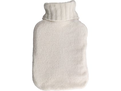 Bílý termofor Cosy s pleteným povlakem z měkké žinylkové látky, ideální pro relaxaci a zahřátí během zimních dnů.