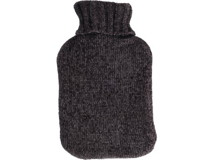 Tmavě šedá nahřívací láhev s elegantním pleteným obalem pro zimní večery.