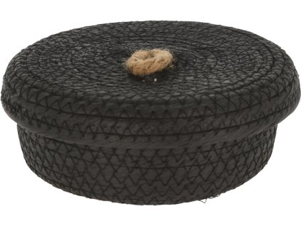 Úložný košík BlackTwist S – papírový kompozit, ø 16 × 6,5 cm, černý, víko s jutovým poutkem
