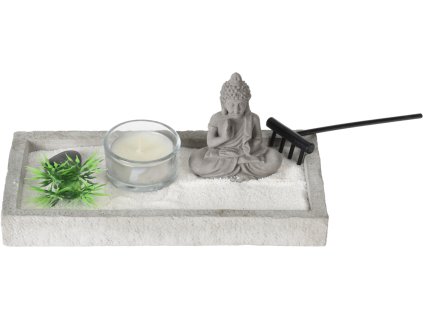 Zenová sada Buddha Lino – cementový základ, 19 × 10 × 8 cm, Buddha, písek, kámen, čajová svíčka, dekorativní rostlina, PP hrablička.