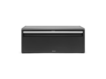 Chlebník Brabantia Fall Front – matná černá, 18 l, magnetické zavírání, plochá horní část pro extra úložný prostor.