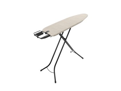 Žehlicí prkno Brabantia A – 110 × 30 cm, černý rám, výškově nastavitelné (69–96 cm), odkládací plocha, potah Denim Grey, Fairtrade bavlna.