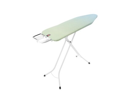 Žehlicí prkno Brabantia B – 124 × 38 cm, bílý rám, výškově nastavitelné (69–96 cm), odkládací plocha, potah Soothing Sea, Fairtrade bavlna.