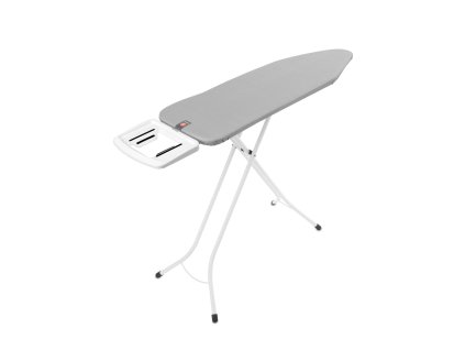 Žehlicí prkno Brabantia B – 124 × 38 cm, bílý rám, pevná odkládací plocha (do 15 cm), výškově nastavitelné (69–96 cm), potah Metallised.