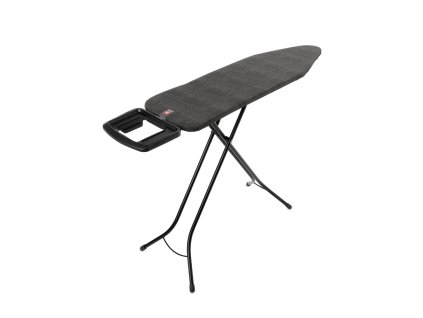 Žehlicí prkno Brabantia B – 124 × 38 cm, černý rám, pevná odkládací plocha (do 15 cm), výškově nastavitelné (69–96 cm), potah Denim Black.