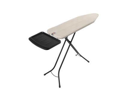 Žehlicí prkno Brabantia B – 124 × 38 cm, černý rám, držák na parní jednotku (40 × 22 cm), výškově nastavitelné (75–98 cm), potah Denim Grey.