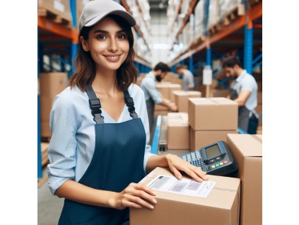 prosím o vytvoření obrázku skladnice ve skladu, která balí zásilky pro online shop, co nejvíce reali