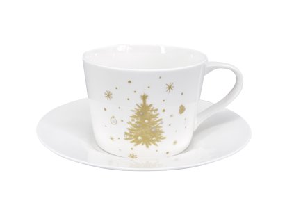 26795 porcelanovy salek s podsalkem zlata koleda 2025 150 ml bily se zlatym vanocnim stromeckem hvezdickami a vlockami