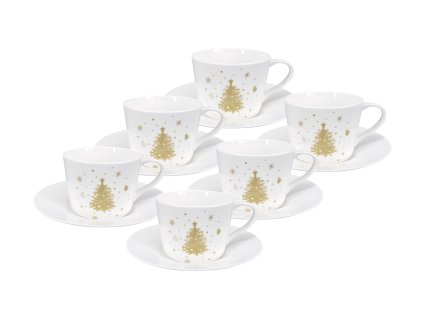 26798 sada 6 porcelanovych salku s podsalkem zlata koleda 2025 150 ml bily porcelan se zlatym vanocnim stromeckem hvezdickami a vlockami