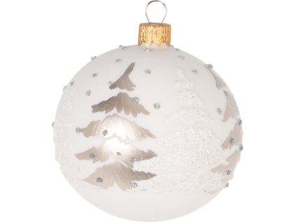 27242 2 bila sklenena vanocni koule s trpytivym motivem jehlicnateho stromecku
