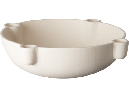 27281 bily kulaty hlinikovy svicen s prohlubnemi pro ctyri svicky po obvodu a prazdnym mistem uprostred